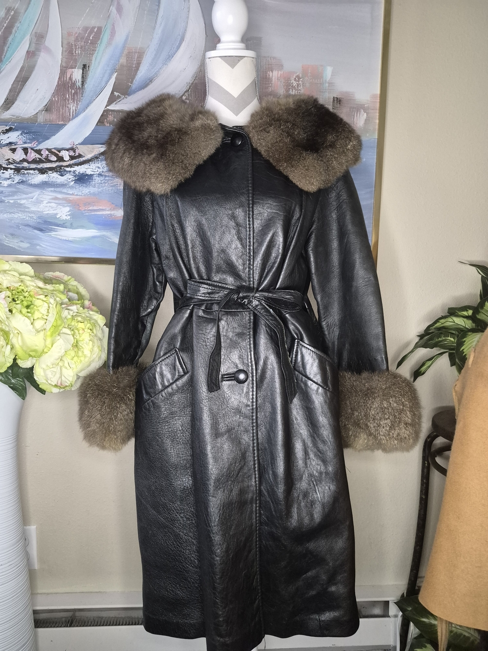 Vintage Womens Black Leather Trench Coat with Brown Fur Collar & Cuffs